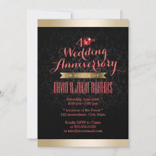 Convite Borda Dourada Preto Damasko Rubi Casamento Anivers