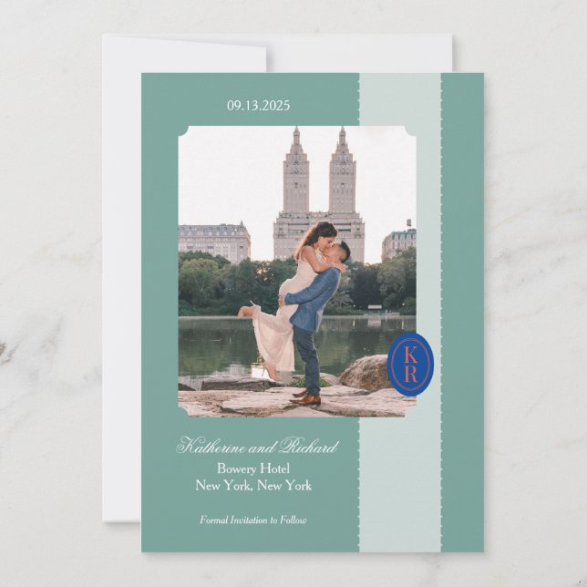 Convite Borda Escalonada Teal Salva A Data (Verso)