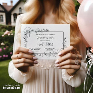 Convite Borda Floral Branca e Preta para Graduação Elegant