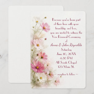 Convite Borda Floral de Cosmos Rosa e Branco para Casament