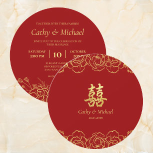 Convite Borda floral de ouro vermelho casamento chinês dup