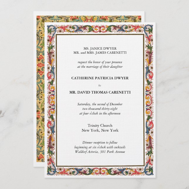 Convite Borda Floral Elegante Casamento Azul e Dourado (Frente/Verso)