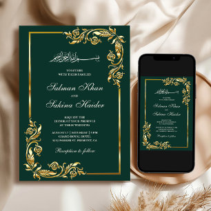 Convite Borda Floral Esmeralda Verde Dourado Casamento Isl