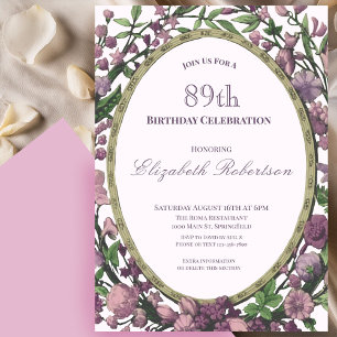 Convite Borda Floral Rosa Elegante para 89º Aniversário Fe