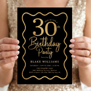 Convite Borda Ondulada Aniversário de 30 anos Black Gold