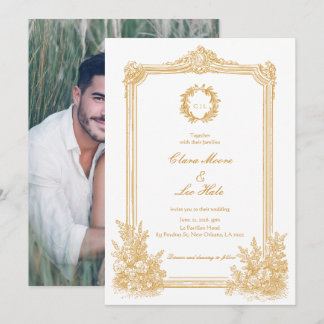 Convite Borda Ornamentada Vintage Dourada Foto de Casament