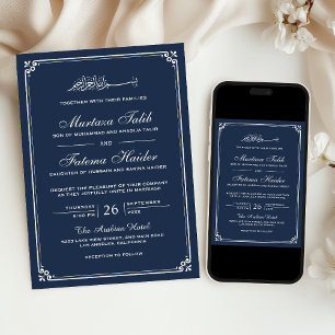 Convite Bordado de Creme Azul-Marinho Casamento Muçulmano