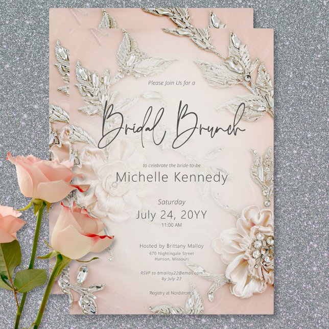 Convite Bordado de Satin Rosa Moderno e Brunch Bridal Glam (Modern Pink Satin Embroidery & Glam Bridal Brunch Invitation)