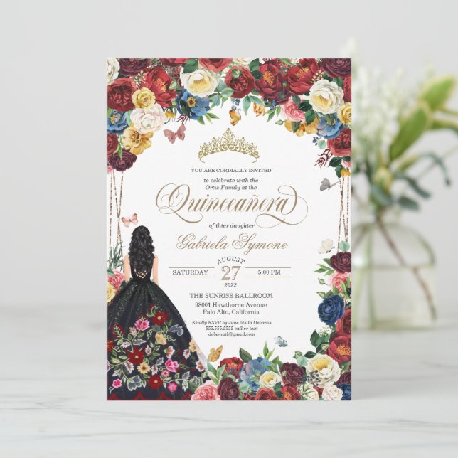 Convite Bordado Floral Mexicano Borboleta Quinceanera (Em pé/Frente)