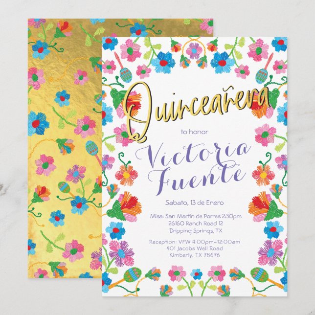 Convite Bordado Floral Quinceañera Espanhol Mexicano (Frente/Verso)