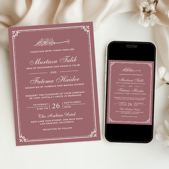 Convite Bordado Muçulmano de Casamento com Creme Rosa Empo (Criador carregado)