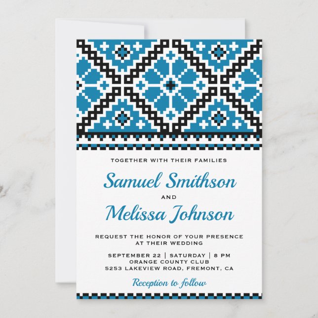 Convite Bordado Preto Azul Casamento Ucraniano (Frente)