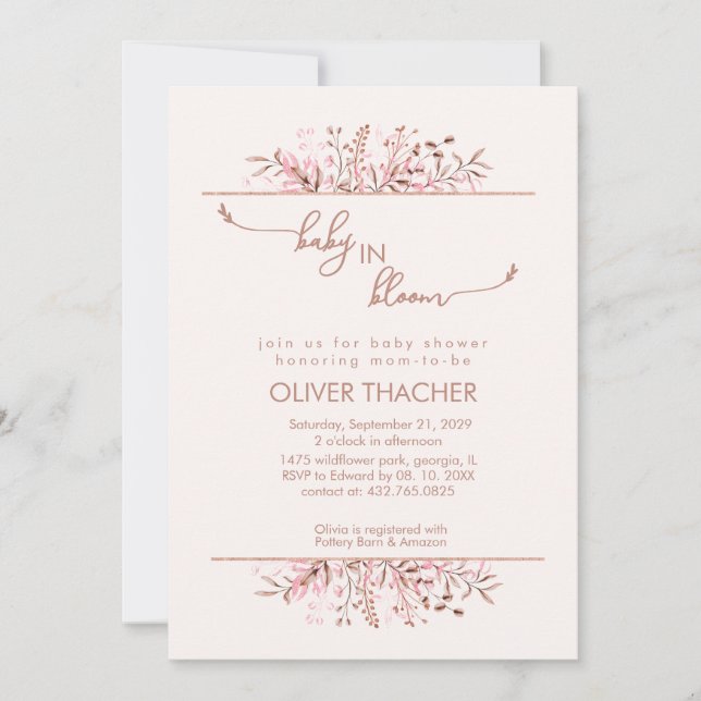 Convite Bordadura de Flores Silvestres Rosa Bebê em Flor C (Frente)