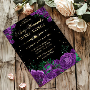 Convite Bordadura de Rosas Roxas Floral Sweet Sixteen