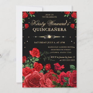 Convite Bordadura de Rosas Vermelhas Floral Quinceanera