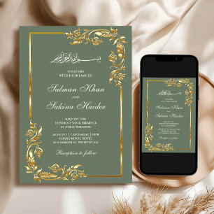 Convite Bordadura Floral Ouro Verde Salvia Casamento Islâm