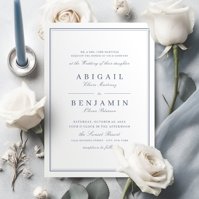 Convite Bordas Elegantes casamento minimalista azul empoei (Elegant borders dusty blue minimalist wedding invitation)