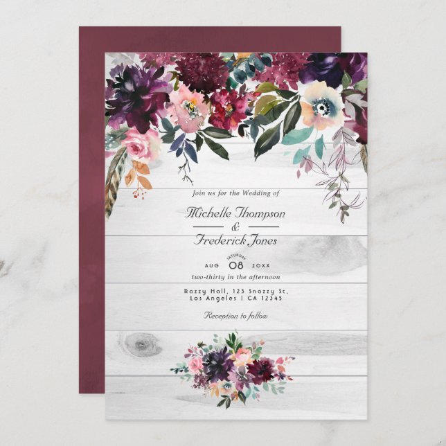 Convite Bordeaux Floral Garden QR Code RSVP Wedding Invita (Frente/Verso)