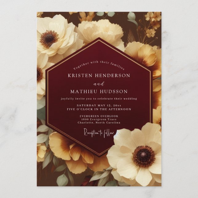 Convite Bordeaux Ornate Botanical Wedding (Frente)
