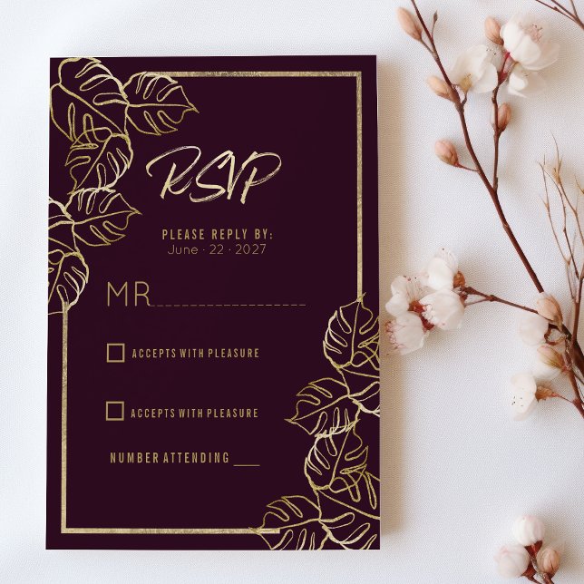 Convite Bordeaux rich red gold floral floral RSVP (Bordeaux deep rich red gold floral Wedding RSVP)
