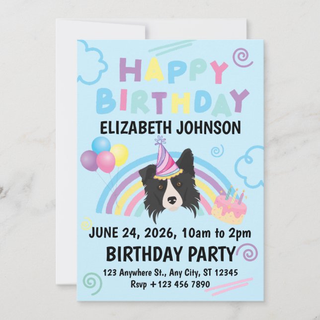 Convite Border Collie Birthday Invitation in Blue (Frente)