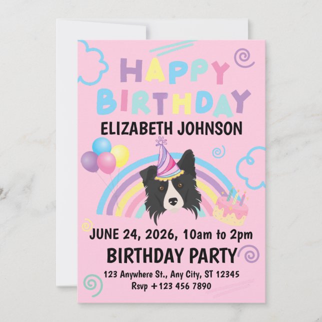 Convite Border Collie Birthday Invitation in Pink (Frente)