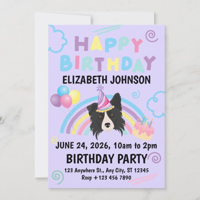 Convite Border Collie Birthday Invitation in Purple (Frente)