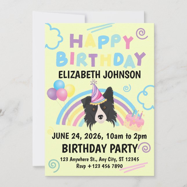 Convite Border Collie Birthday Invitation in Yellow (Frente)