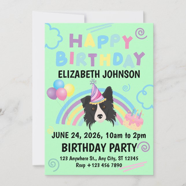 Convite Border Collie Birthday Party Invitation Green (Frente)