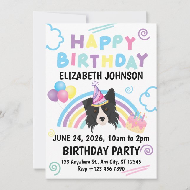 Convite Border Collie Birthday Party Invitation White (Frente)