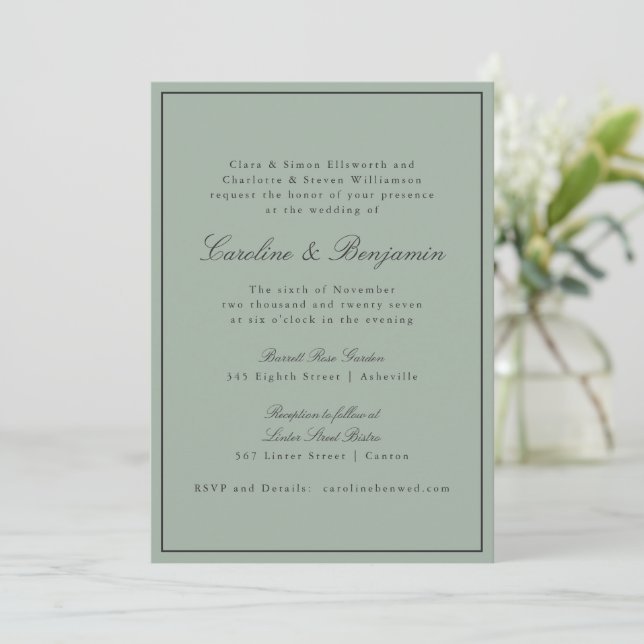 Convite Border Script Elegant Wedding Olive Gray RSVP (Em pé/Frente)