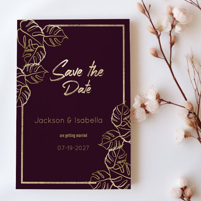 Convite Bordéus broto vermelho-ouro floral Salve a data (Bordeaux deep rich red gold floral Save the Date)