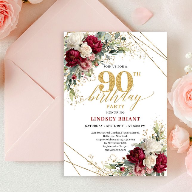 Convite Bordô Atemporal e Rosas Brancas Aniversário de 90  (Timeless Burgundy and White Roses 90th Birthday Invite)