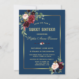 Convite Bordô Azul Naval Floral Moldura Dourada Sweet 16