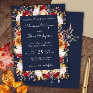 Convite Bordô Bege Azul Naval Outono Floral Casamento