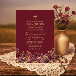 Convite Bordô Boho Flores Silvestres Casamento Católico Mo
