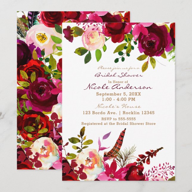Convite Bordo Borgonha Marrom Boho Floral Chá de Noiva (Frente/Verso)