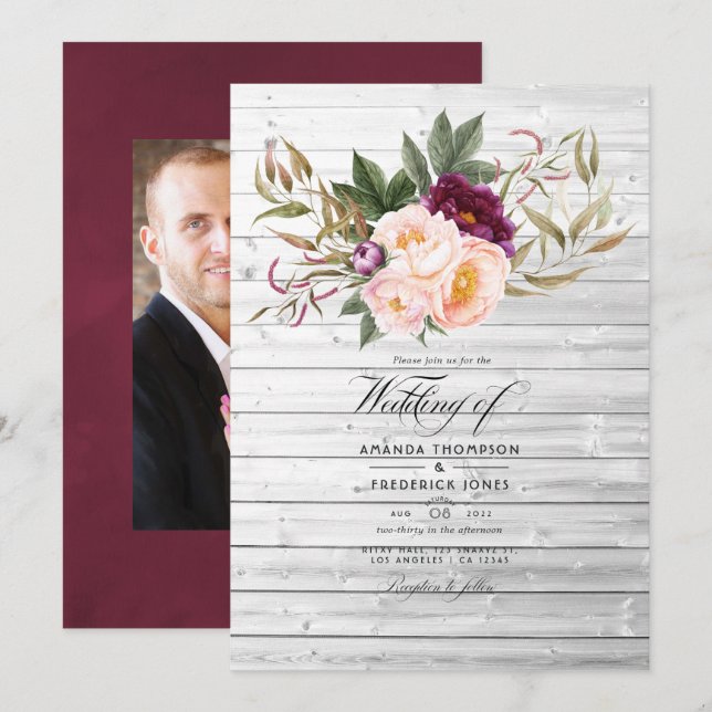 Convite Bordô - Casamento Floral Rústico com Marsala e Pês (Frente/Verso)