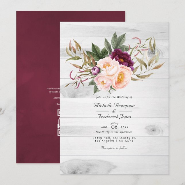 Convite Bordô - Casamento Floral Rústico com Marsala e Pês (Frente/Verso)