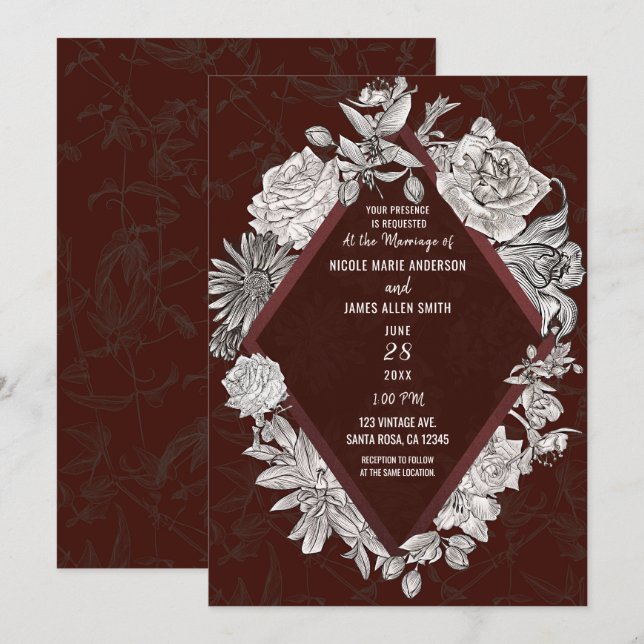 Convite Bordô Diamante Flores Antigas Casamento (Frente/Verso)