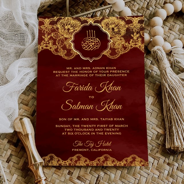 Convite Bordô Dourado com Folha de Lace Casamento Islâmico (Criador carregado)