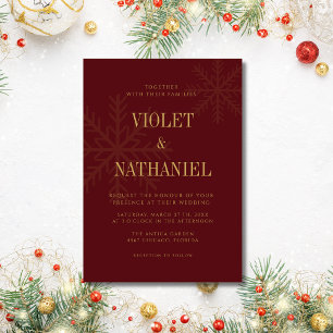 Convite Bordô Dourado Elegante Floco de Neve Natal Casamen