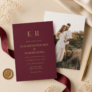 Convite Bordô Dourado Monograma Personalizado com Foto Cas