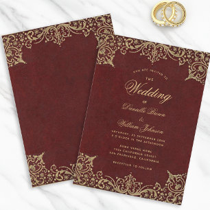 Convite Bordô Dourado Vintage Caligrafia Elegante Casament