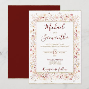 Convite Bordô e Bege Flores Silvestres Casamento