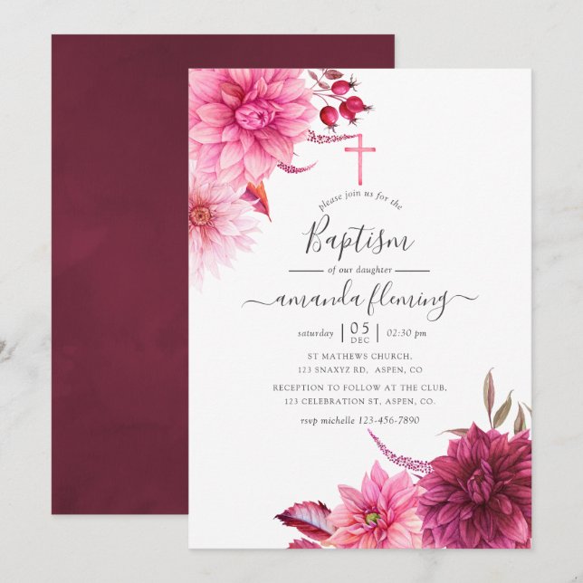 Convite Bordô e Rosa Seco Outono Floral Batismo (Frente/Verso)