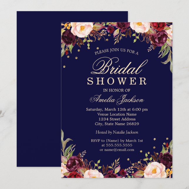 Convite Bordô Elegante Chuveiro Floral Nupcial (Frente/Verso)