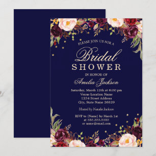 Convite Bordô Elegante Chuveiro Floral Nupcial