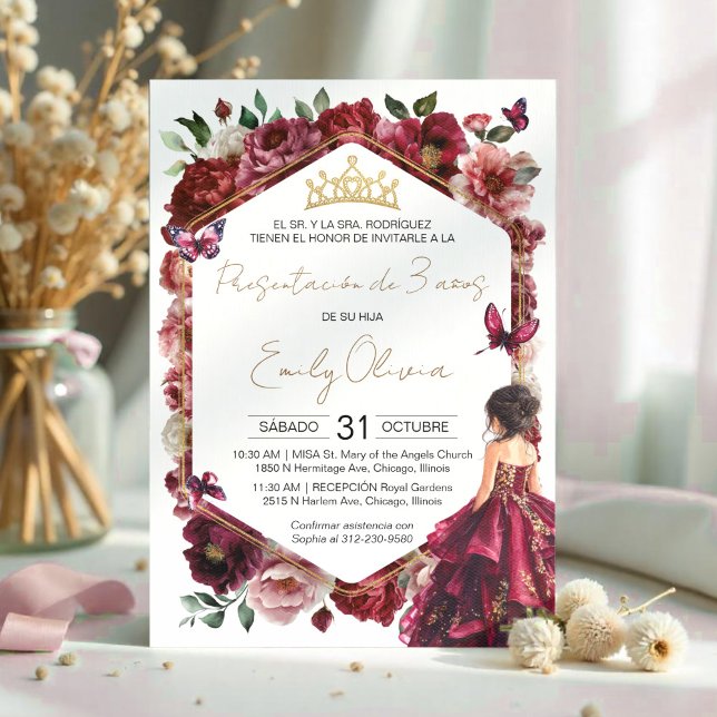 Convite Bordô Floral Apresentação de 3 anos (Criador carregado)