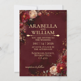 Convite Bordô Floral Quadro Dourado Luxo Casamento